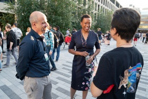 Chancellor Melissa Nobles greeting party guests outside